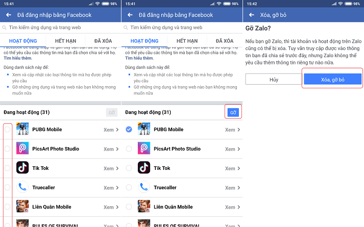 Các bước gỡ liên kết tài khoản Facebook đã đăng nhập vào game/ứng dụng bằng điện thoại