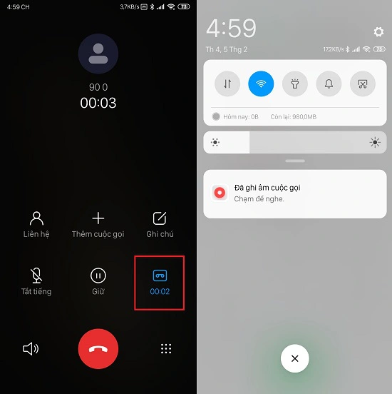 Tính năng tự động ghi âm cuộc gọi trên smartphone Android đang hoạt động