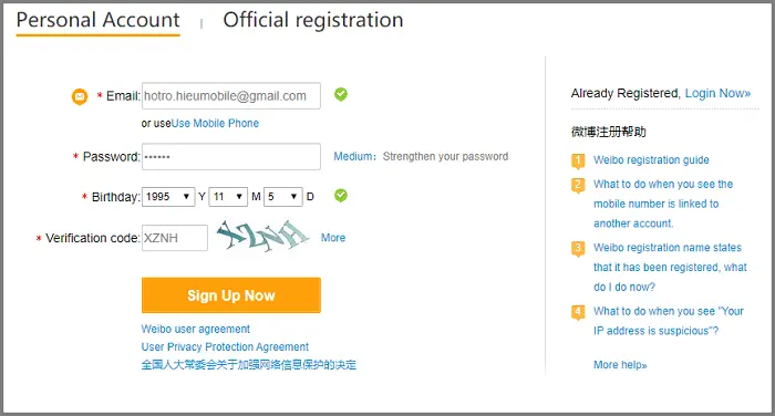 Đăng ký tài khoản Weibo bằng địa chỉ email